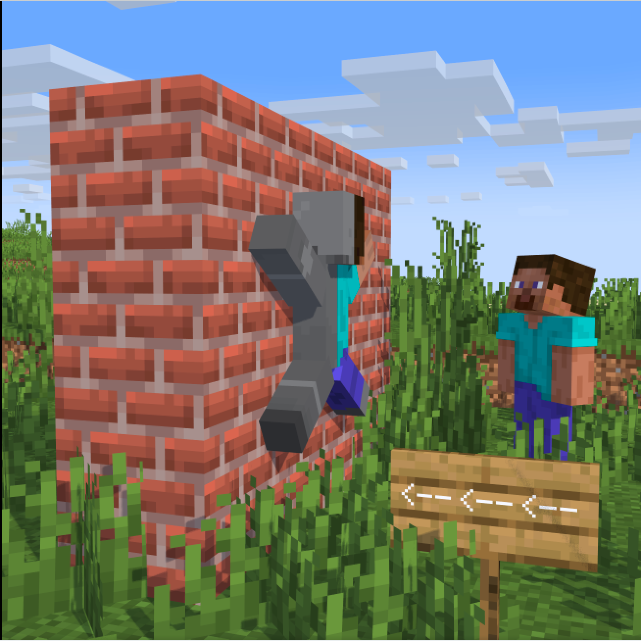 Minecraft-style character that ran into a brick wall, surrounded by grass and a blue sky.