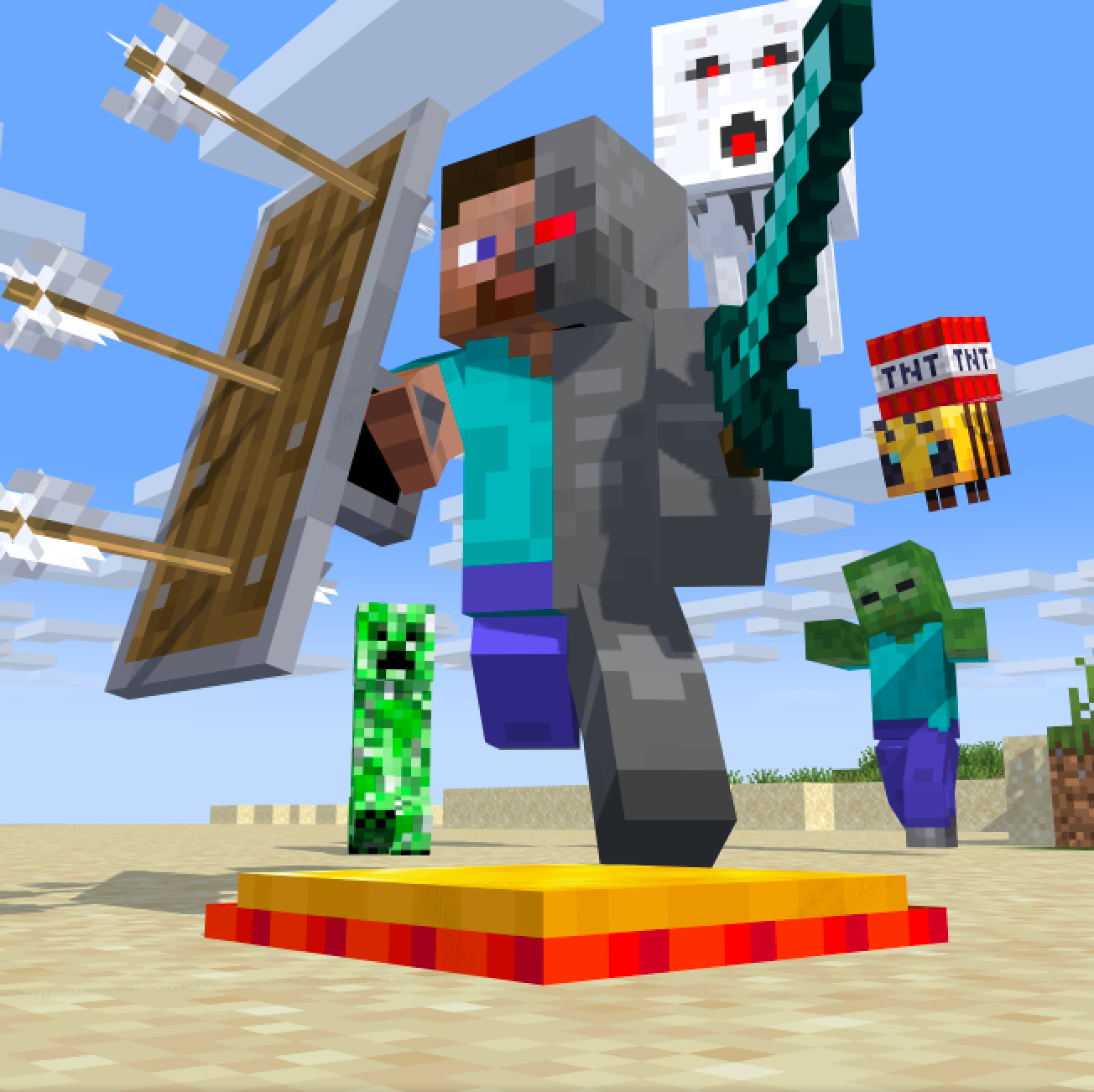 Minecraft characters about to step on a landmine with a clear blue sky.