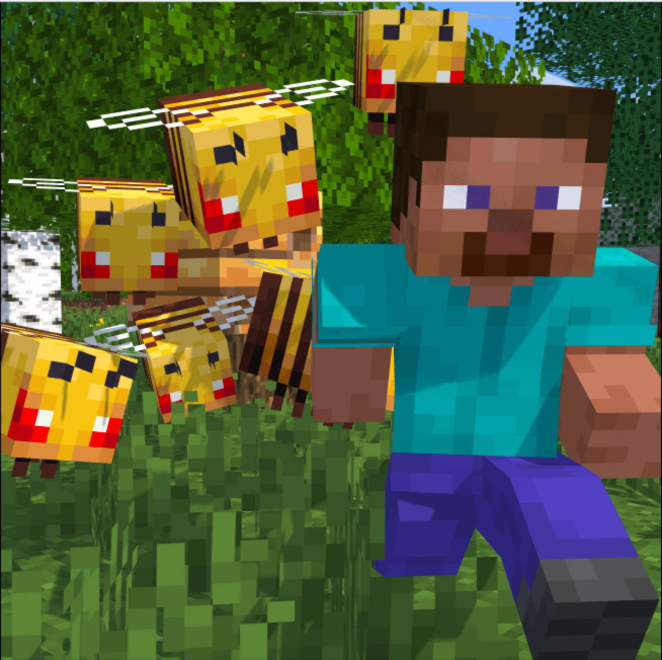 Minecraft character being chased by bees in a grassy area
