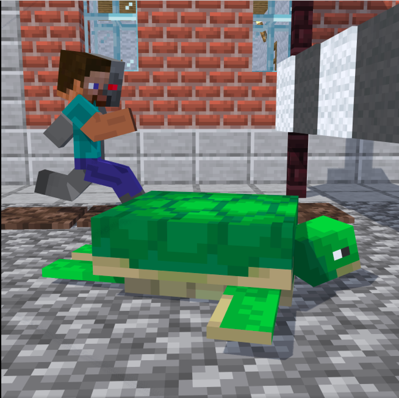 Minecraft cyborg character with a turtle in a foot race.